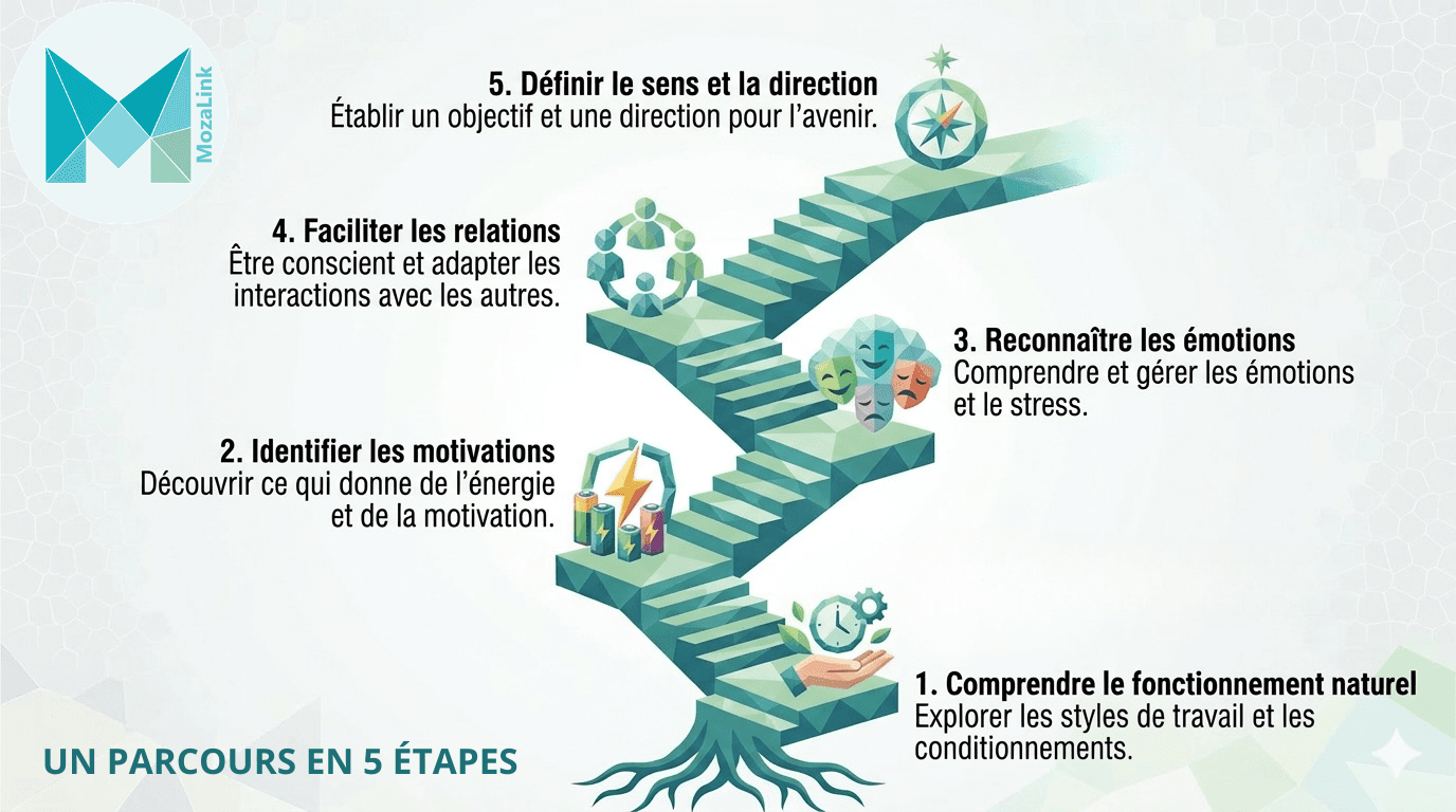 Schéma du parcours MozaLink en cinq étapes